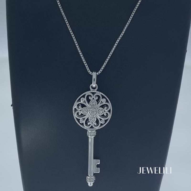 Jewelili Key Necklace Diamond Jewelry in Sterling Silver & 1/10
