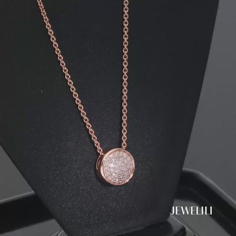 Jewelili Circle Pendant Necklace with Diamonds in 14K Rose Gold