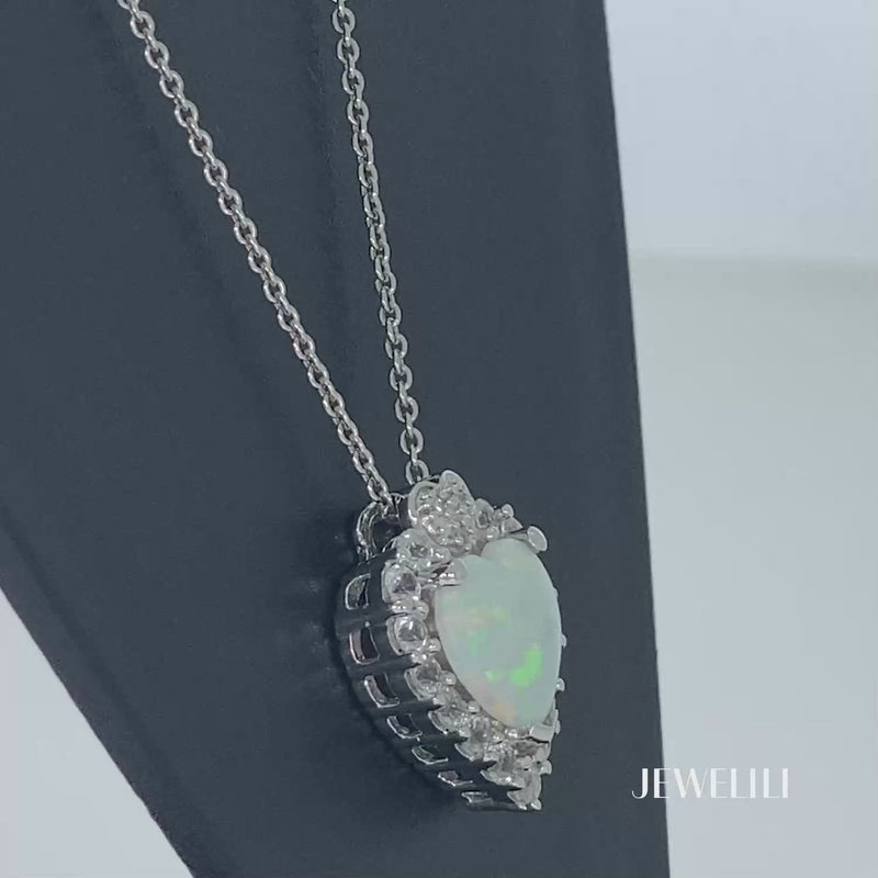 Jewelili Heart Pendant Necklace Opal & White Diamond Jewelry in