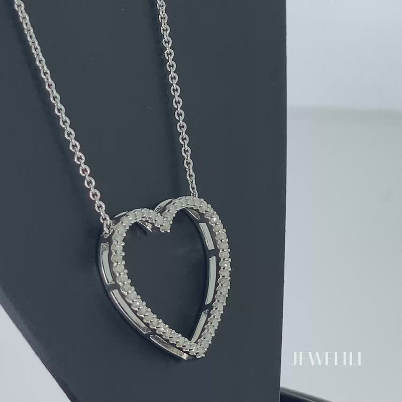 Jewelili Heart, Lock and Key Charm Pendant Toggle Necklace with Natural White Diamond in Sterling Silver 1/5 Cttw