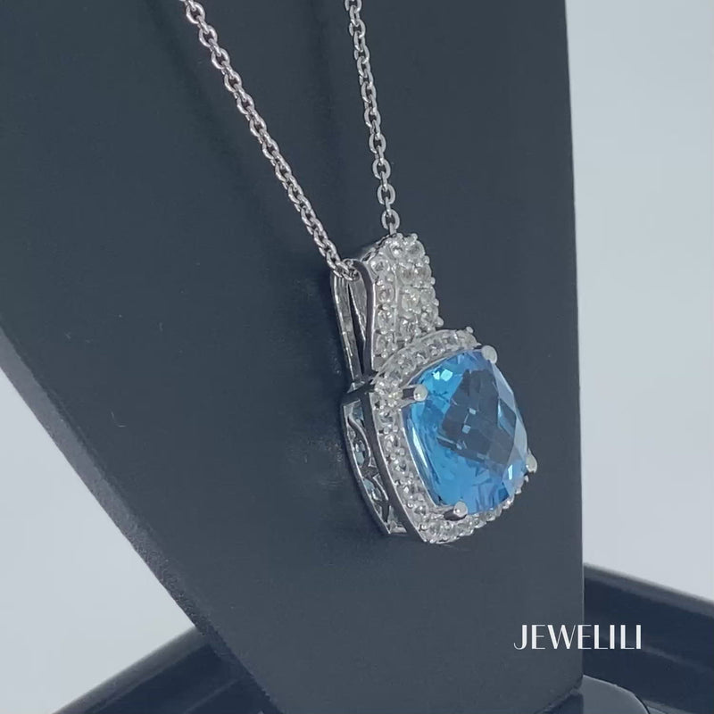 Jewelili Pendant Necklace Blue Topaz and White Sapphire in